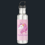 Botella De Agua Cara unicorniana, Purpurina mágico y personalizado<br><div class="desc">Una cara de unicornio mágico rosa,  rosa y chica decora esta botella de agua. Genial para volver a la escuela. Añade tu nombre al frente,  atrás. Diseñado para ti por Blackberry Boulevard.</div>