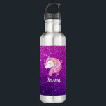 Botella De Agua Cara unicornio, Purpurina rosa morado y personaliz<br><div class="desc">Esta botella de agua está decorada con una bonita cara de unicornio purpurina rosa y púrpura. Muy divertido para un chica. Hace un gran regalo de cumpleaños. Personalizarla con su nombre. Diseñado para ti por Blackberry Boulevard.</div>