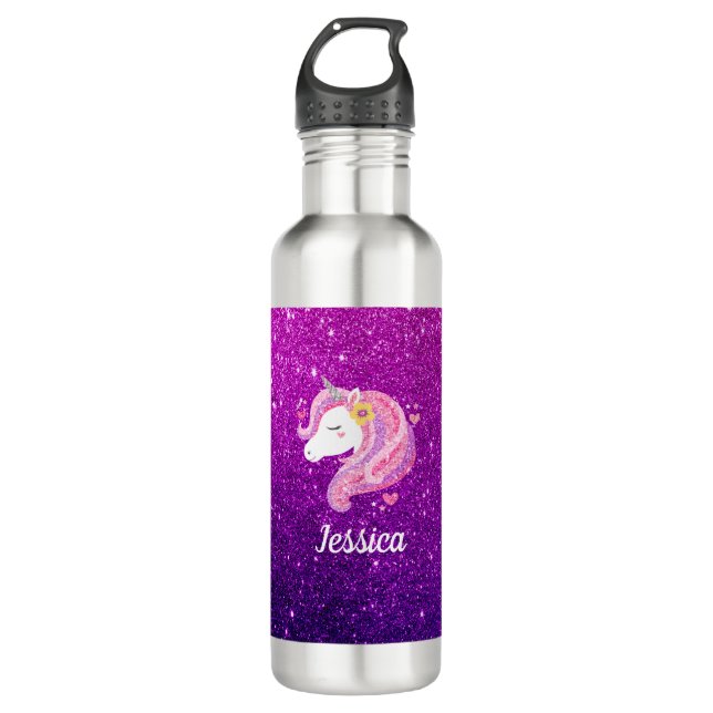 Botella De Agua Cara unicornio, Purpurina rosa morado y personaliz (Anverso)