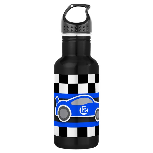 Botella De Agua Carreras coche bandera azul niños nombre completo  (Anverso)