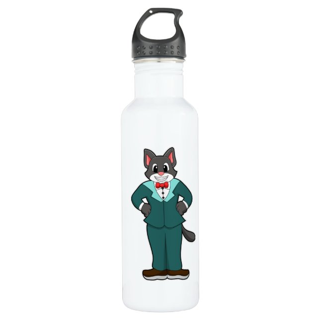 Botella De Agua Cat as Groom con traje y cinta de opciones (Anverso)