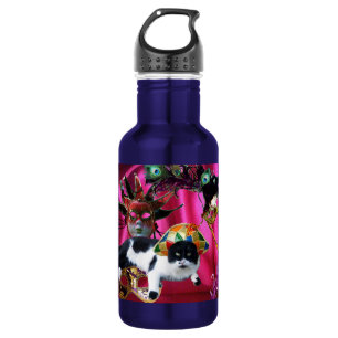 BOTELLA DE AGUA CAT CON MÁSCARAS DE GORRA DE HARLEQUINA Y FIESTA D