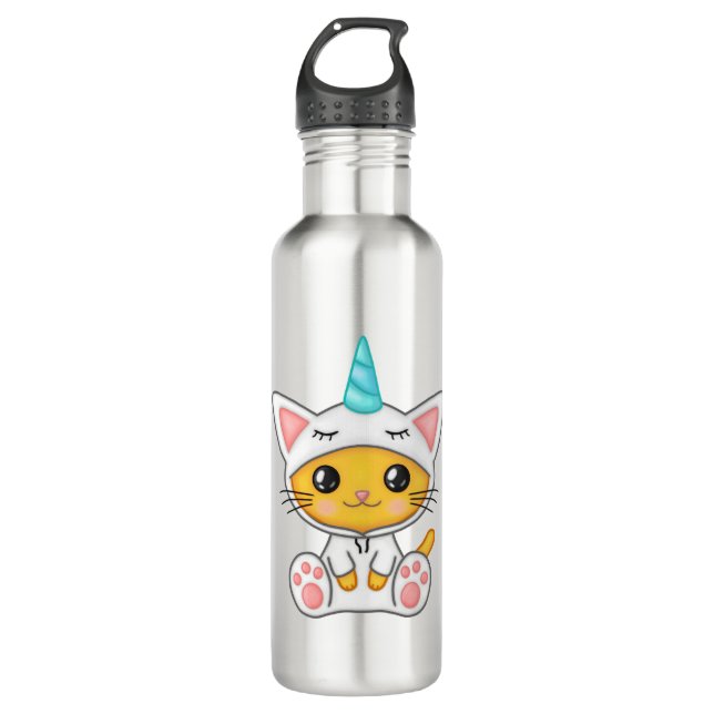 Botella De Agua Cat Feline Kitten Kawaii Cartoon Unicorn Whiskers. (Anverso)