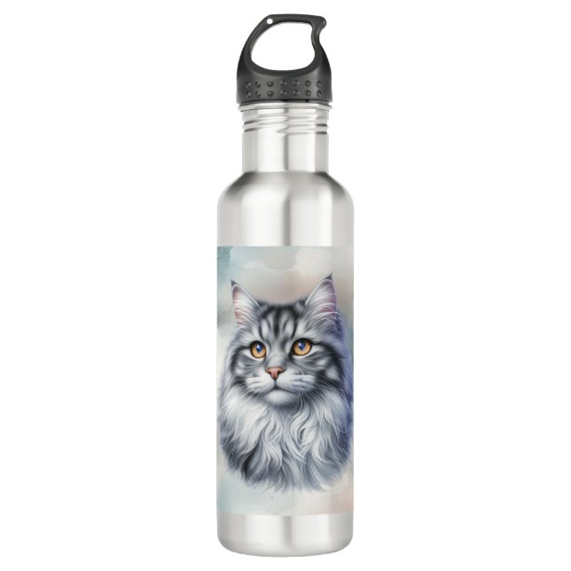 Botella De Agua 🐾 Cat Love belleza de pelo largo en acuarela (Anverso)
