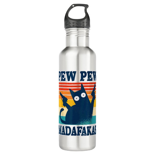 Botella De Agua Cat Pew Pew Madafakas Crazy Cat Gun (Anverso)