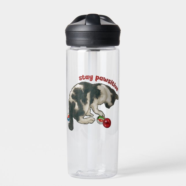 Botella De Agua Cat Playing with MARBLES, Stay Pawsitive, Pun (Delante)