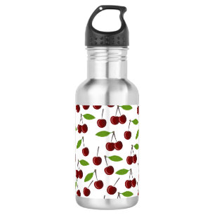 Botella De Agua Cereza Roja, Patrón De Cerezas, Hojas, Fruta