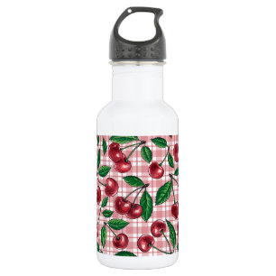 Botella De Agua Cerezas rojas en gingham rosa