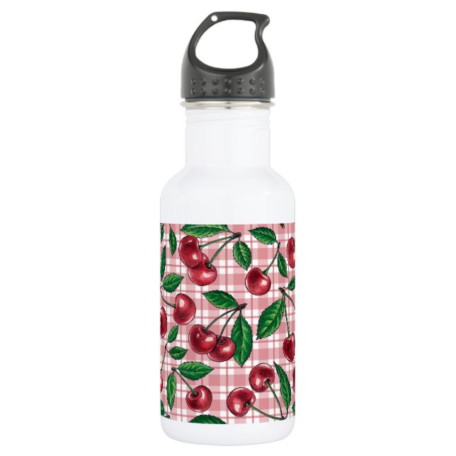 Botella De Agua Cerezas rojas en gingham rosa (Anverso)