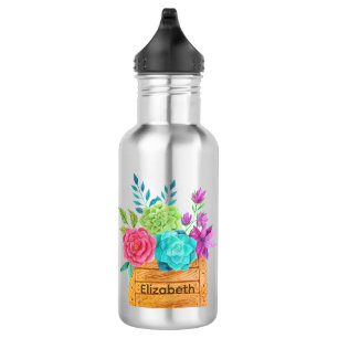 Botella De Agua Cesta de flores de monograma en acuarela
