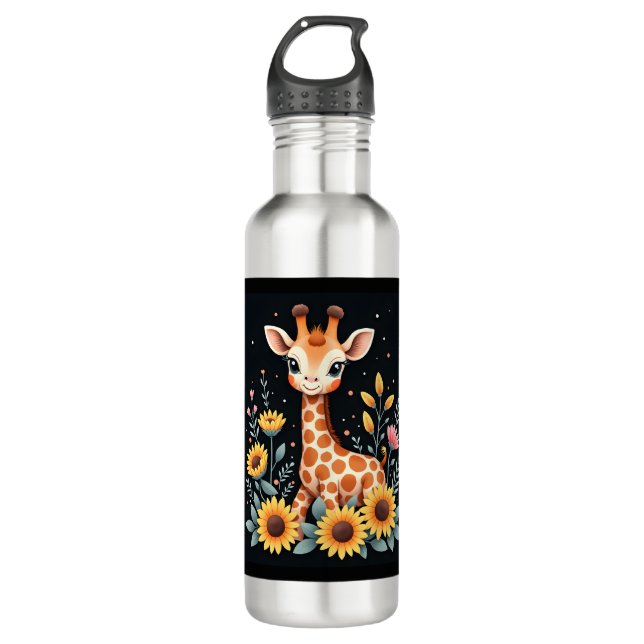 Botella De Agua Charming Giraffe Surrounded By Flowers Long Sleeve (Anverso)