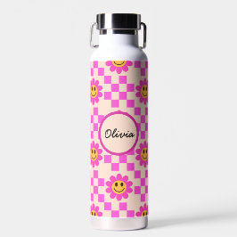 Botella De Agua Checkered Hot Pink Smiling Flowers Custom Name
