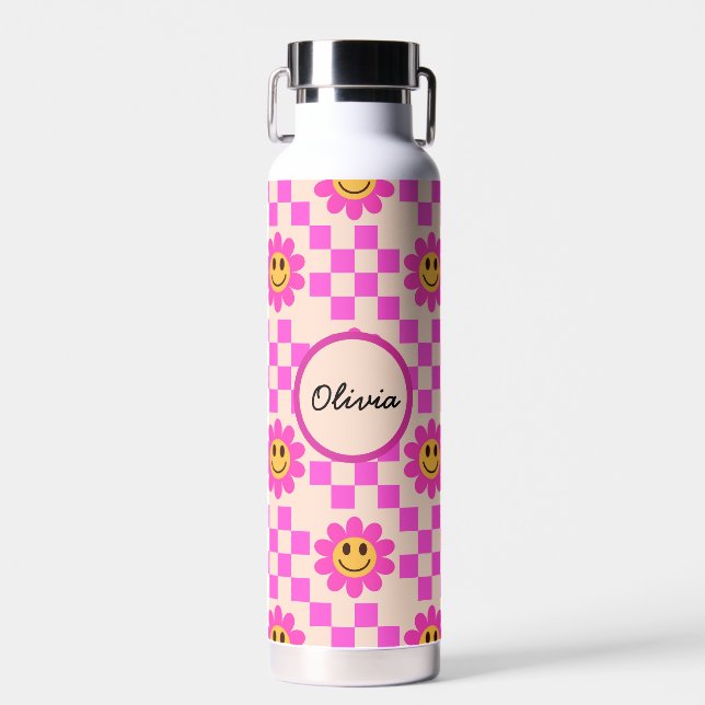 Botella De Agua Checkered Hot Pink Smiling Flowers Custom Name (Delantero)