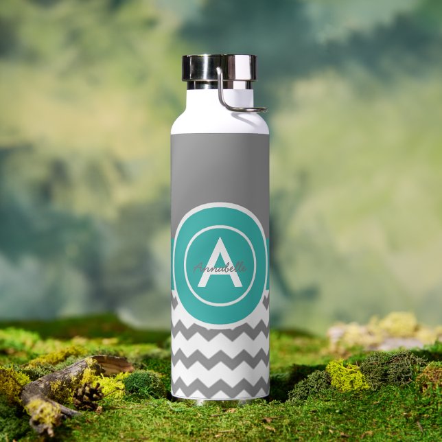 Botella De Agua Chevron Verde azulado gris (Exterior)