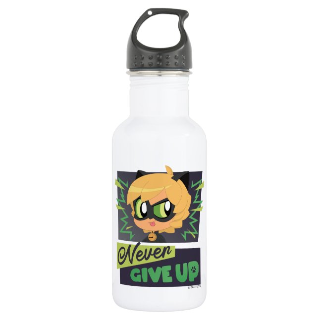 Botella De Agua Chibi Cat Noir Nunca se rinde (Anverso)