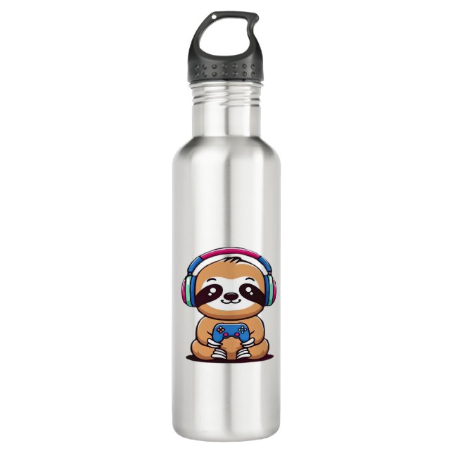 Botella De Agua Chibi Kawaii Sloth Gamer - Animal gracioso con (Anverso)