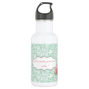 Botella De Agua Chic elegante damask, rosas, mensaje motivacional
