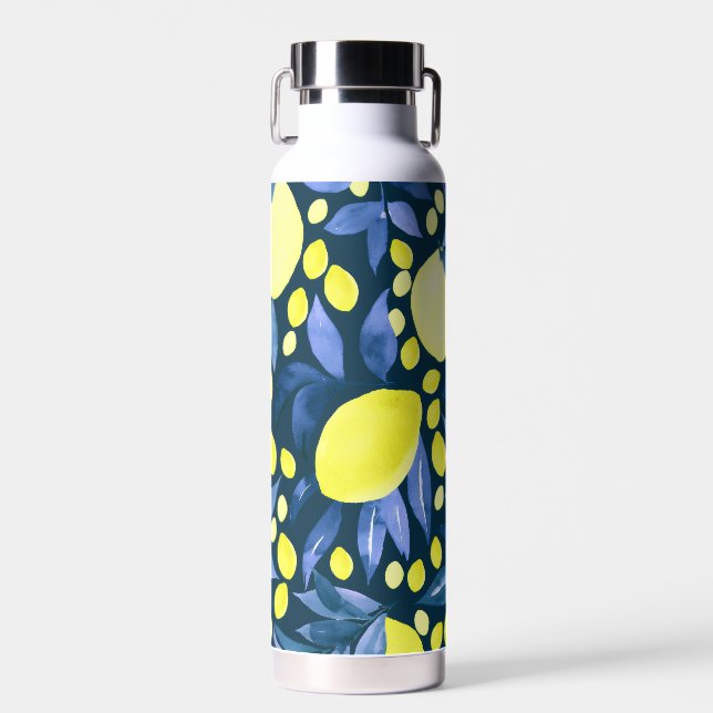 Botella De Agua Chic Mediterráneo Rústico Limones Hoja Azul (Delantero)