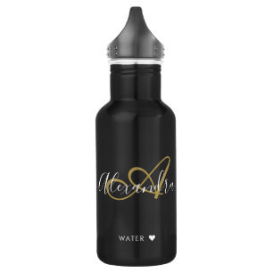 Botella De Agua Chic oro negro Monograma Nombre en letra cursiva G