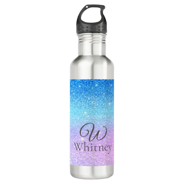 Botella De Agua Chic Purple Ombre Blue Glitter Modern              (Anverso)