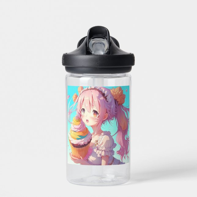 Botella De Agua Chica anime personalizado con torta caprichosa (Delante)