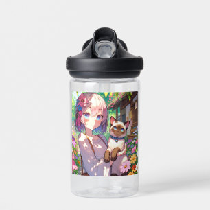 Botella De Agua Chica anime y gato siamés personalizado
