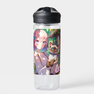 Botella De Agua Chica anime y gato siamés personalizado