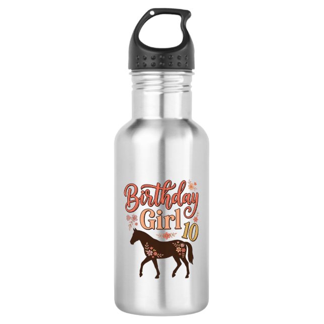 Botella De Agua Chica Cumpleaños 10 Caballo Diseño Vectorial Flora (Anverso)