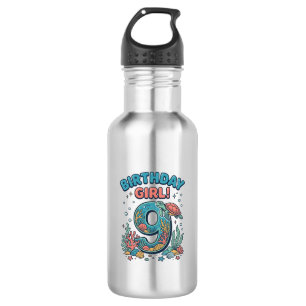 Botella De Agua Chica Cumpleaños 9 Tortuga Oceánica Diseño Vectori