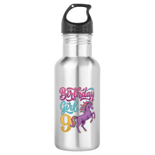 Botella De Agua Chica Cumpleaños 9 Unicornio Diseño de Grabado Vin