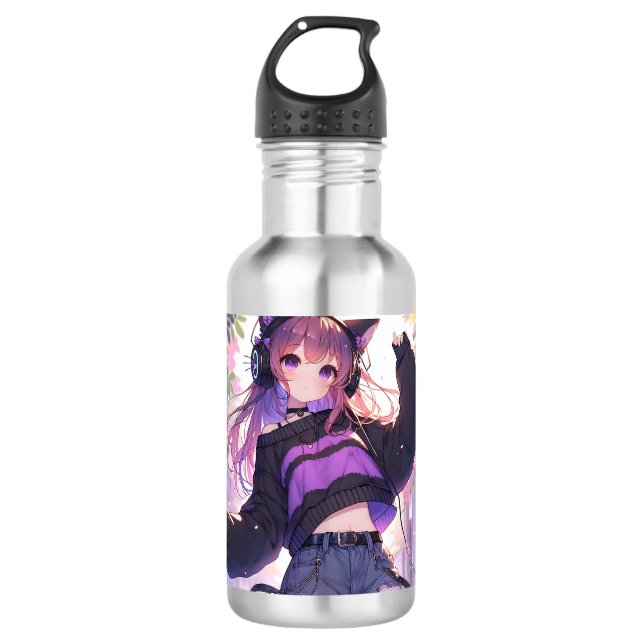 Botella De Agua Chica de anime bonito en audífonos con orejas del  (Anverso)
