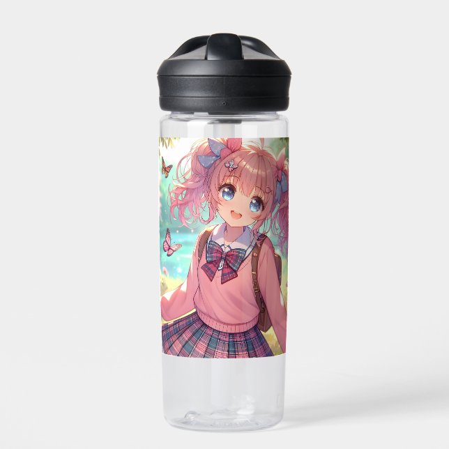 Botella De Agua Chica de anime bonito en cócteles rosados (Delante)
