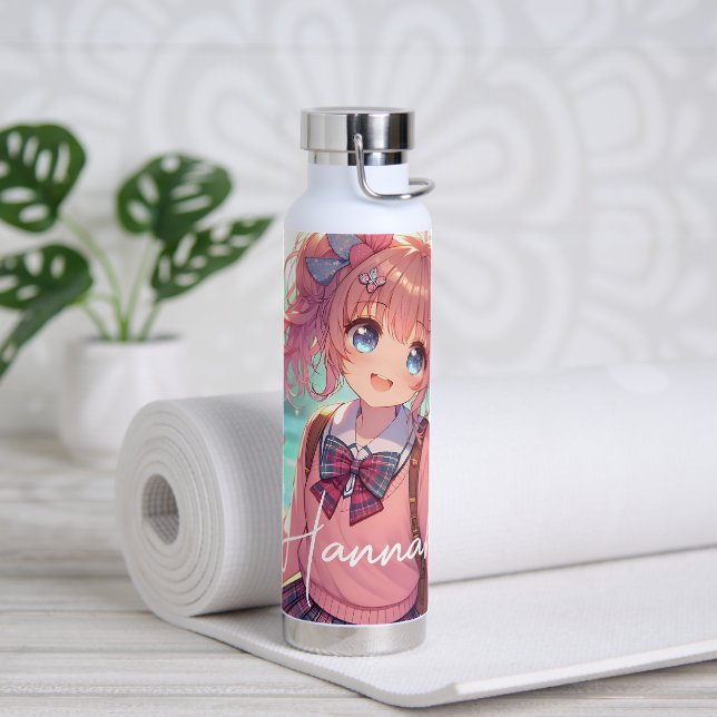 Botella De Agua Chica de anime bonito en cócteles rosados (Yoga)