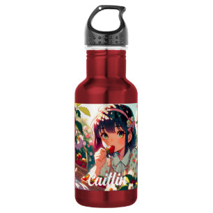 Botella De Agua Chica de anime cutáneo comiendo fresas Día de ve
