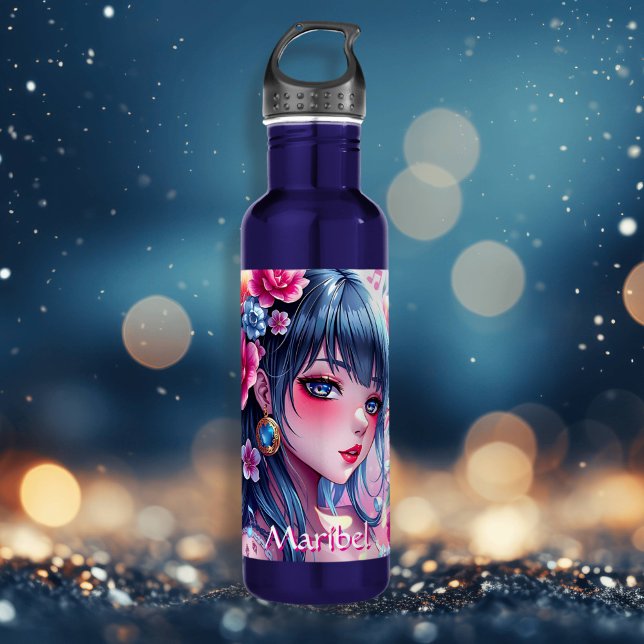 Botella De Agua Chica de anime de bonito con ojos azules personali (Subido por el creador)