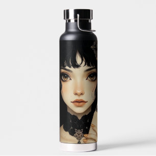 Botella De Agua Chica de Anime Gótico Personalizado de Negro y Dor