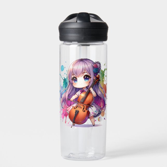 Botella De Agua Chica de anime lindo jugando Cello personalizado (Delante)
