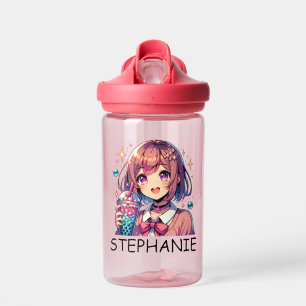 Botella De Agua Chica de anime lindo sosteniendo té de burbuja