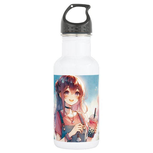 Botella De Agua Chica de anime lindo sosteniendo un té Boba (Anverso)