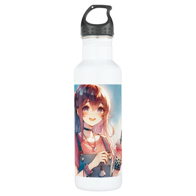 Botella De Agua Chica de anime lindo sosteniendo un té Boba (Anverso)