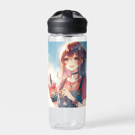 Botella De Agua Chica de anime lindo sosteniendo un té Boba