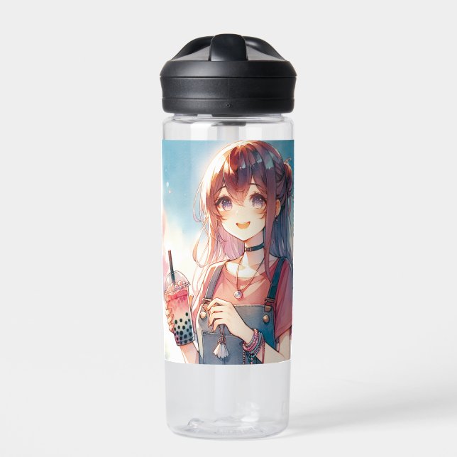 Botella De Agua Chica de anime lindo sosteniendo un té Boba (Delante)