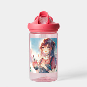 Botella De Agua Chica de anime lindo sosteniendo un té Boba