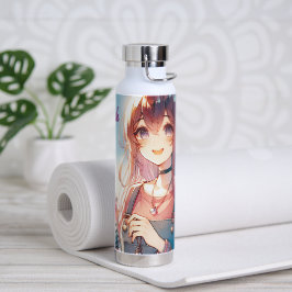 Botella De Agua Chica de anime lindo sosteniendo un té Boba
