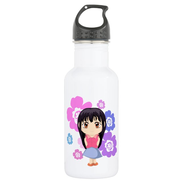 Botella De Agua Chica de Chibi Cute con flores (Anverso)