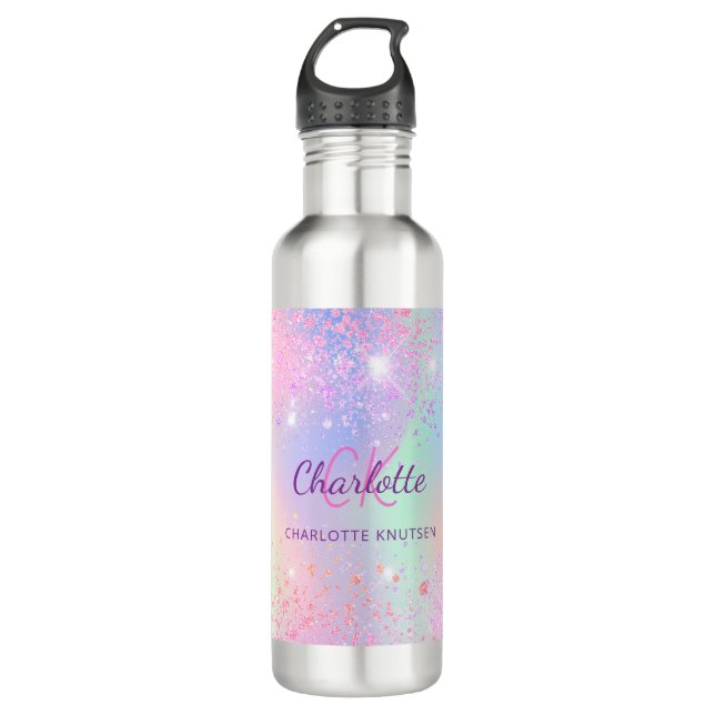 Botella De Agua Chica de monograma holográfico rosa (Anverso)