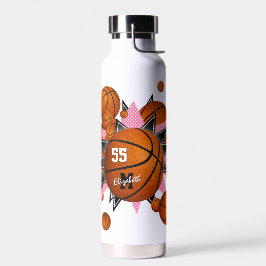 Botella De Agua chica deportes baloncesto estrellas negras rosadas