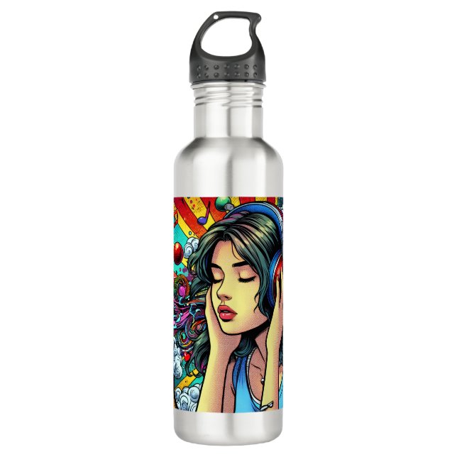 Botella De Agua Chica escuchando música sobre audífonos Psicodélic (Anverso)