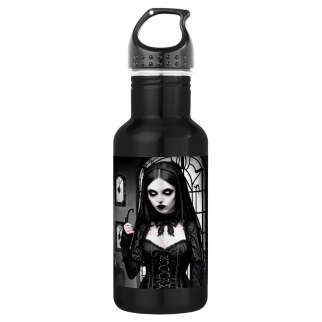 Botella De Agua Chica gótico espeluznante blanco y negro (Anverso)