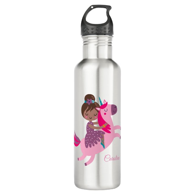 Botella De Agua Chica haitiana de brunette en una unicornio (Anverso)